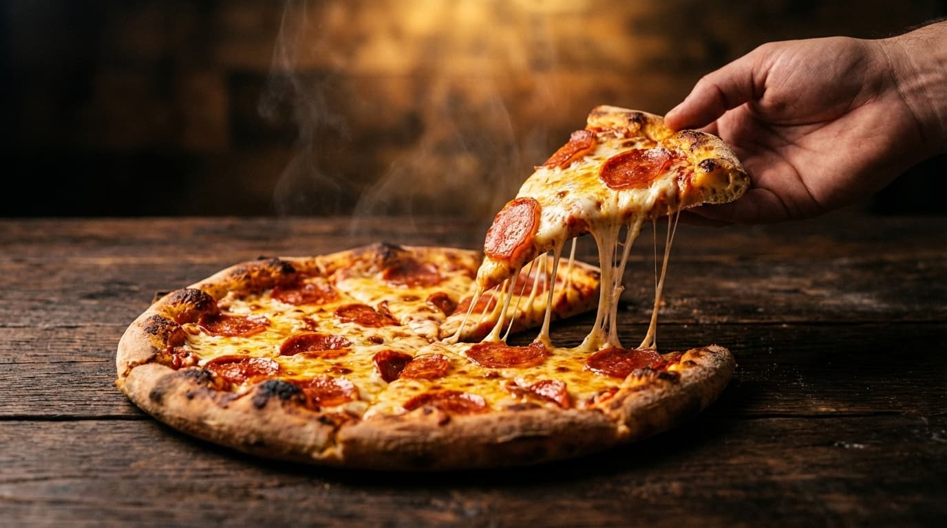 Свежая пицца с тянущимся сыром